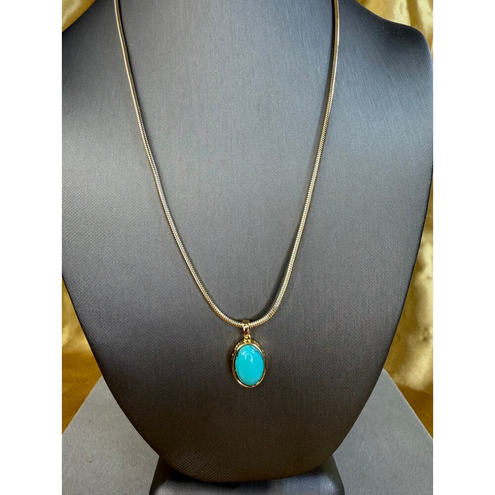 Stainless Steel Turquoise Pendant Necklace Gold Tone Waterproof 20" Chain New - Picture 13 of 14